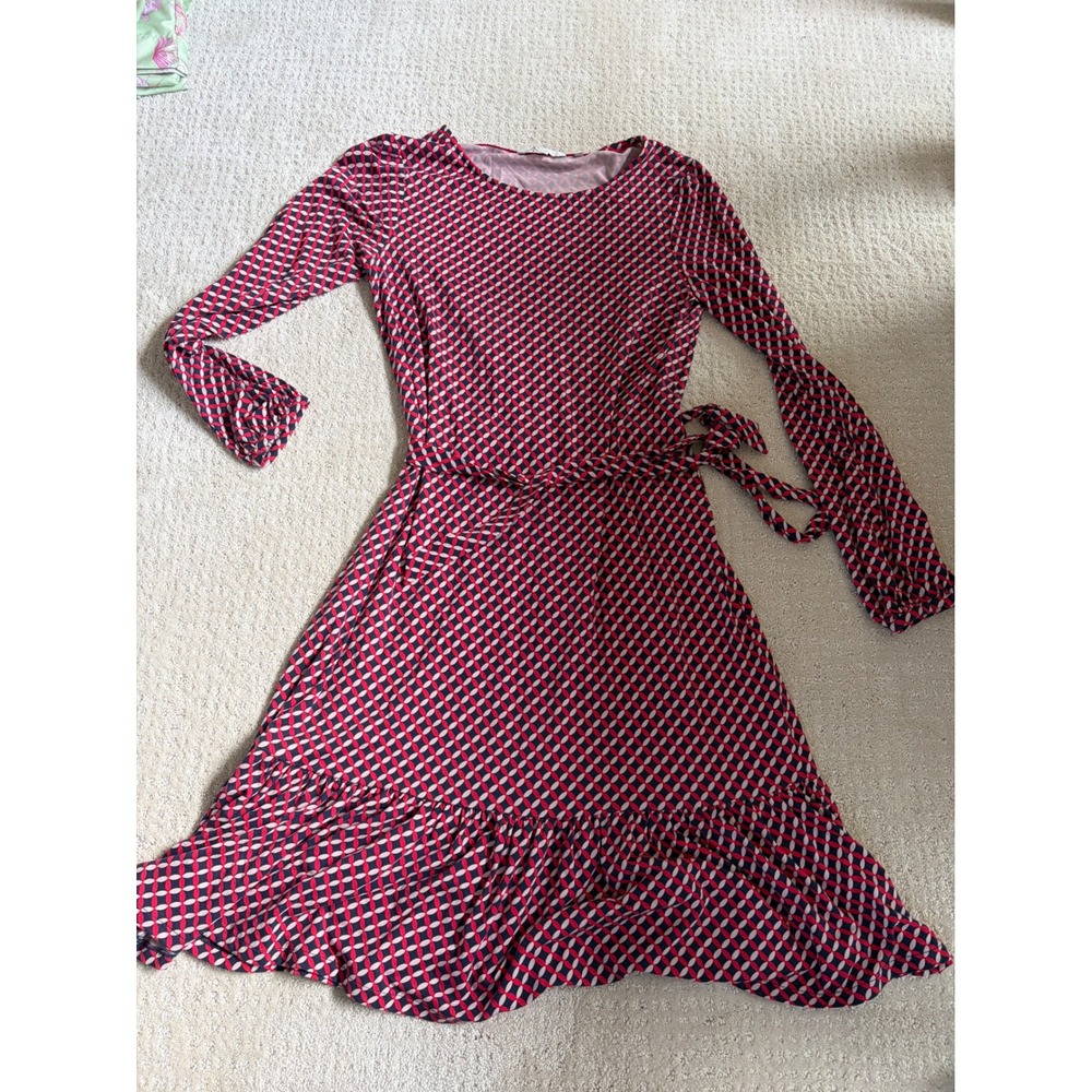 Boden Red Navy Pink Geometric Print Jersey Dress Long Sleeve Ruffle Hem‎ US 8R